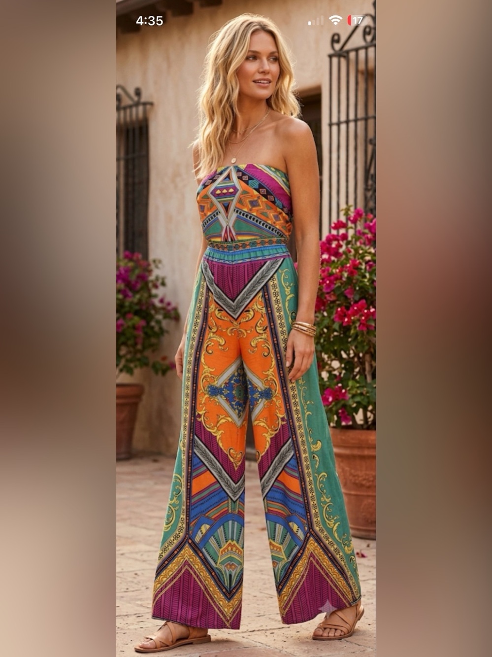 Flying Tomato Strapless Wide-leg jumpsuit in Orange, Teal & Purple